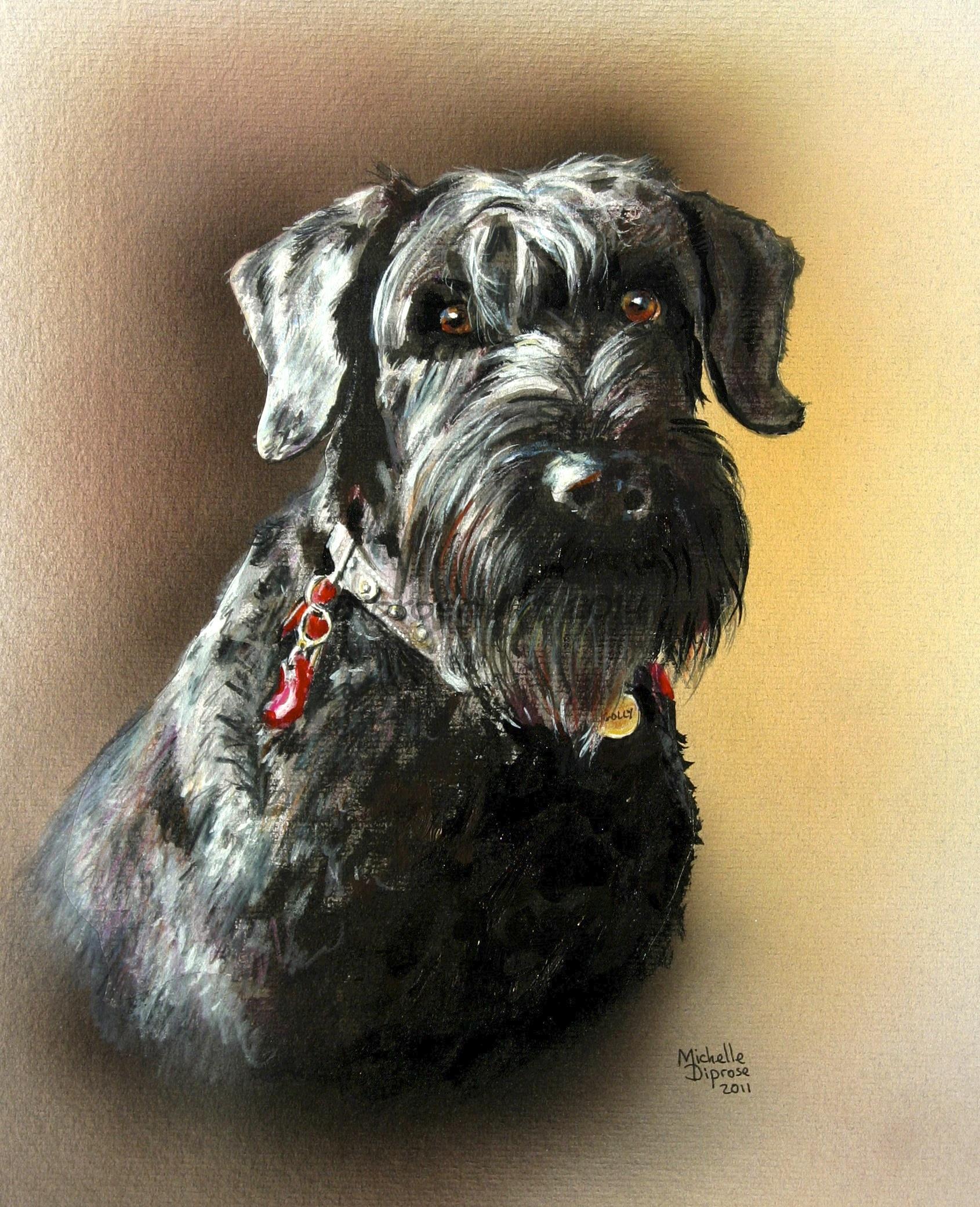 Acrylics on board - approx A4 - pet dog portrait - Golly is a real cutie and was quite a challenge being both black and very hairy - great eyebrows.