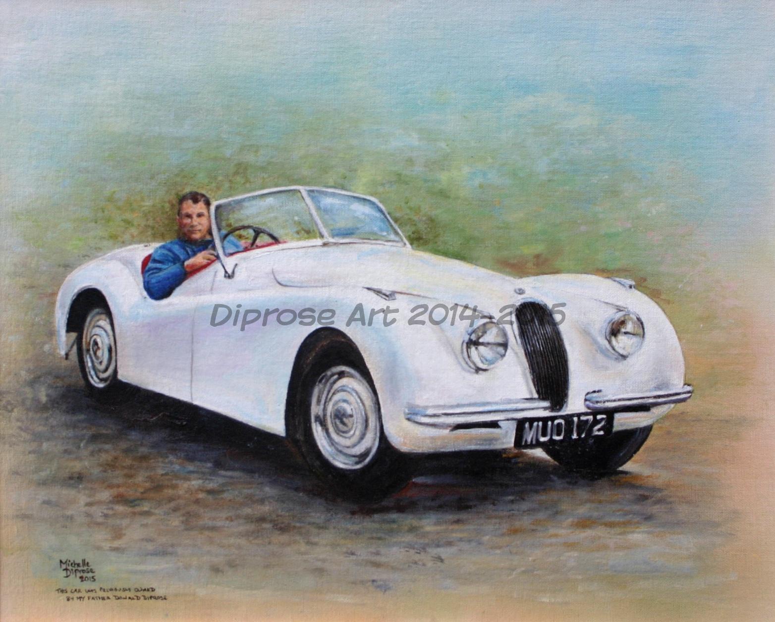 Oils on canvas board - 18 x 22 - car and owner portrait - Jaguar XK120 Roadster - one of a pair of paintings done for a couple - his car and her horse! This was a moving painting for me to do as this car used to belong to my father for many years 