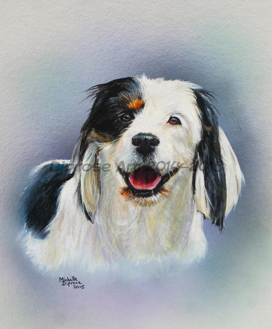 acrylics on board - approx A4 - pet dog portrait - Sky is a really cute Spaniel jack Brussel cross I think - super little lady and looks so happy with life