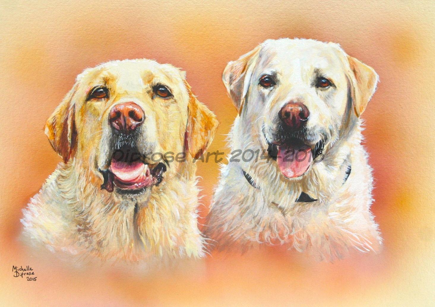Acrylics on board - approx A3 - pet dog portrait - These two wonderful expressive characters are both rescued yellow labs who have certainly fallen on their paws!  love these two boys