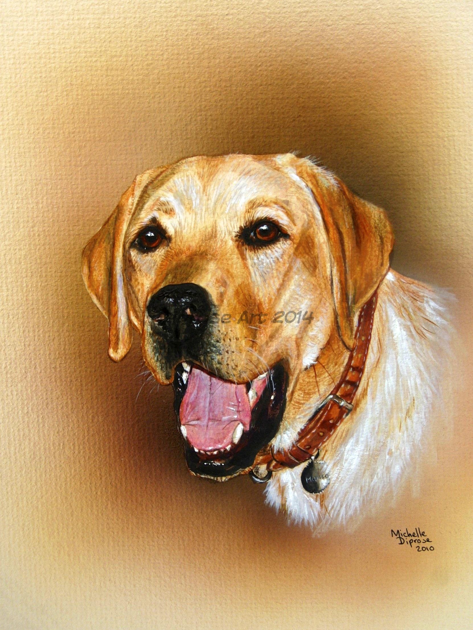 Acrylics on board - approx A4 - pet dog portrait - This golden labrador looks as if he is laughing - I think labradors particularly have a way about them that makes life joyful and fun.