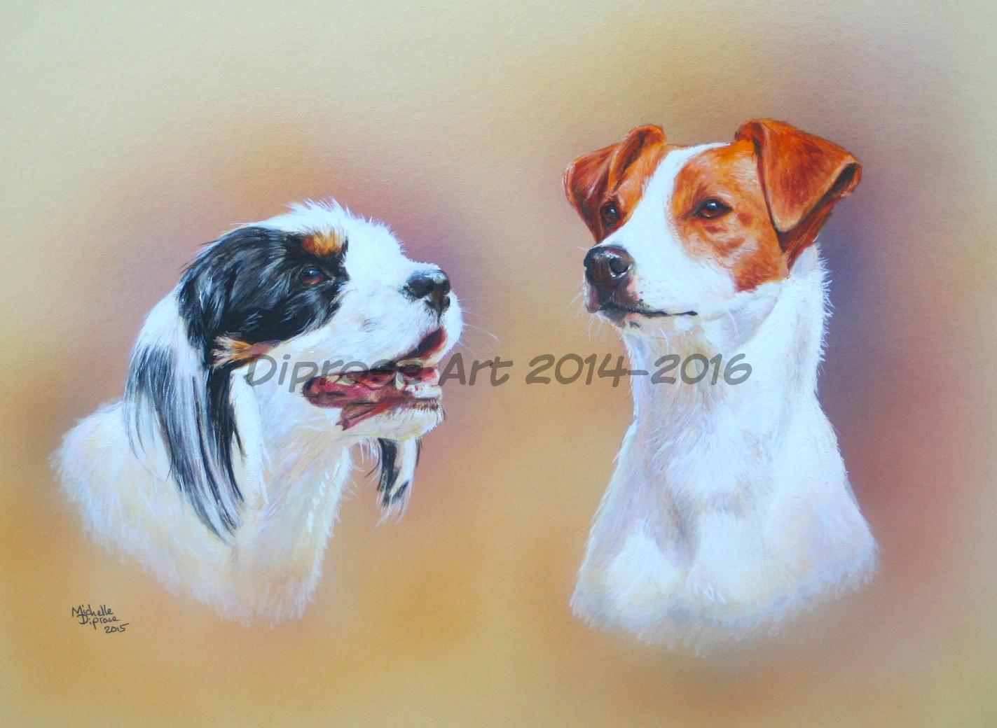 Acrylics on board - approx A3 - pet dogs portrait - I&#039;ve actually already done a portrait of Skye the Spaniel x before but his is a side view of her with her Jack Russell best friend 