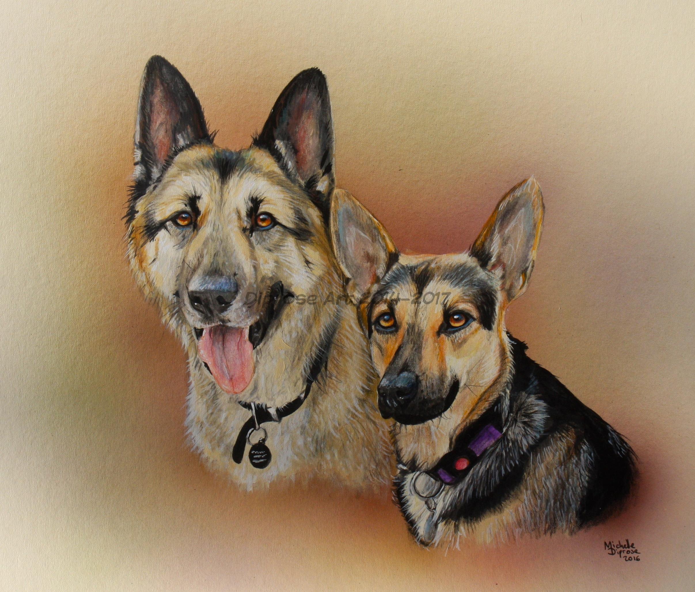 Acrylics on board - approx A3 - pet dog portraits - These two were done as a special Christmas present as their mum is poorly - so I hope her painting made her feel a little happier.