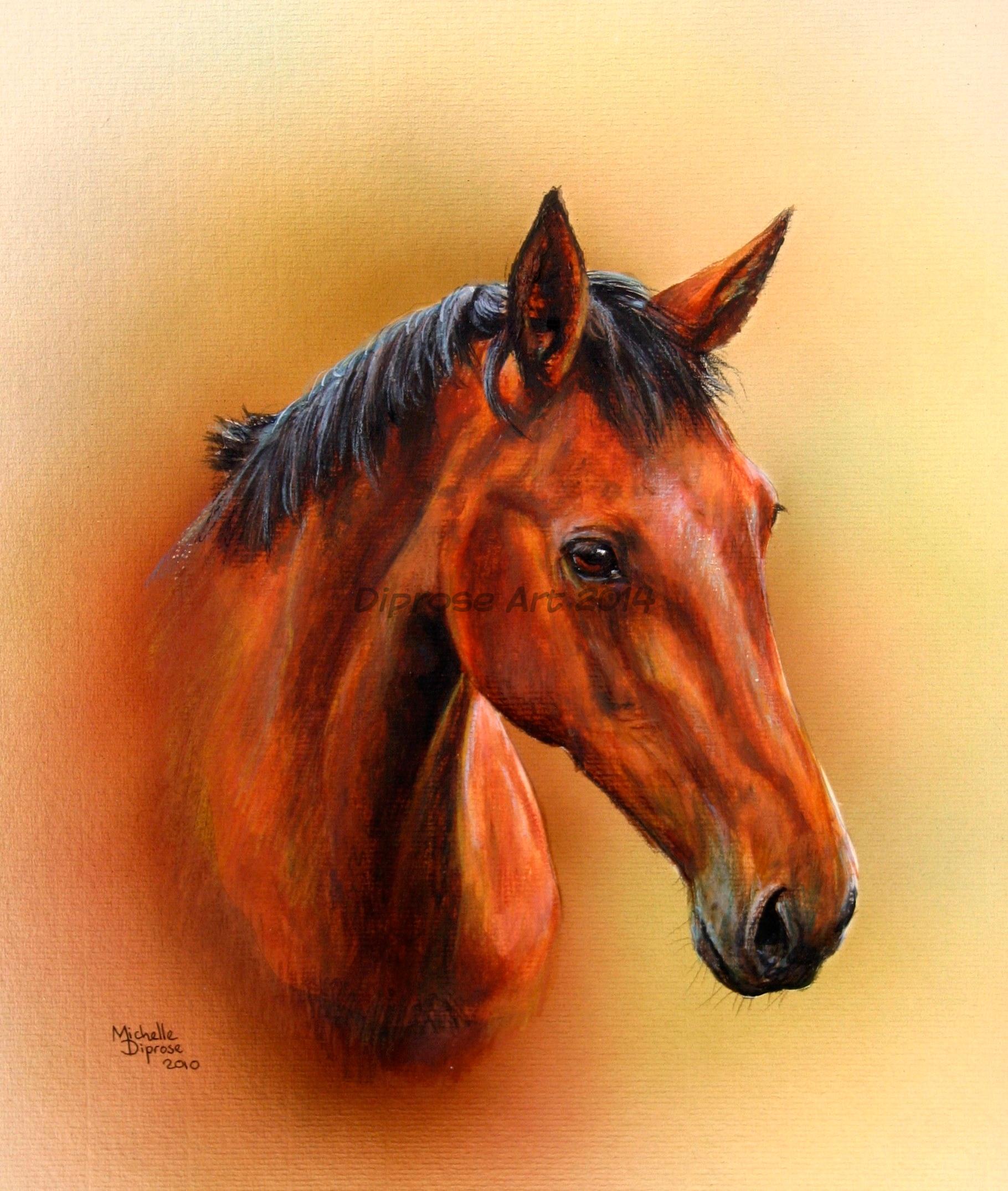 Acrylics on board - approx A4 - horse portrait - Topic is a bright bay gelding and the apple of his mum&#039;s eye.  Handsome fella and lovely to paint.