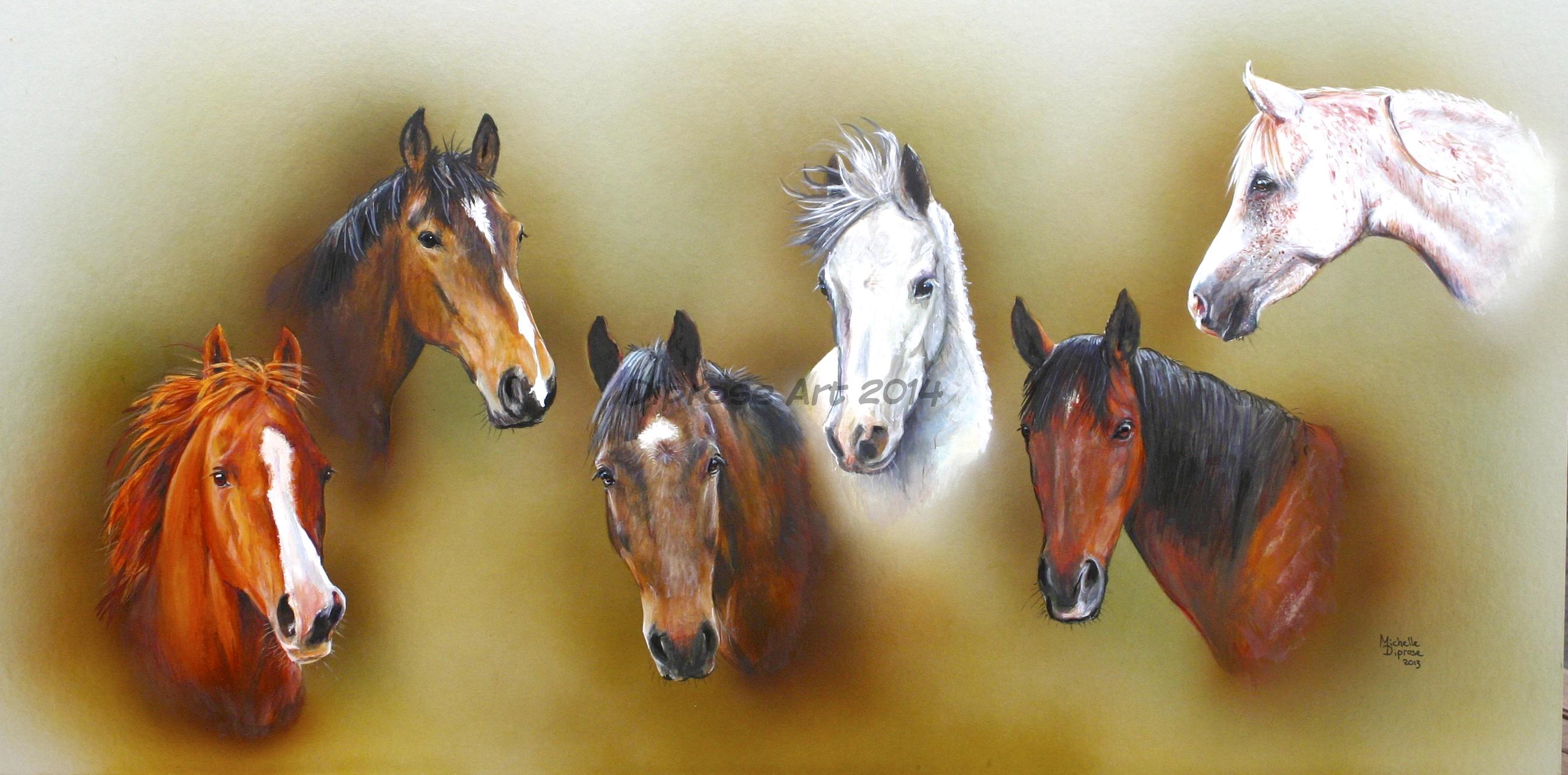 Acrylics on board - approx A2 - horse portraits - These were all my friend Kim&#039;s horses - and every one it&#039;s own personality.  It is quite difficult to put lots of animals together on one painting and get them in proportion to each other and balanced.
