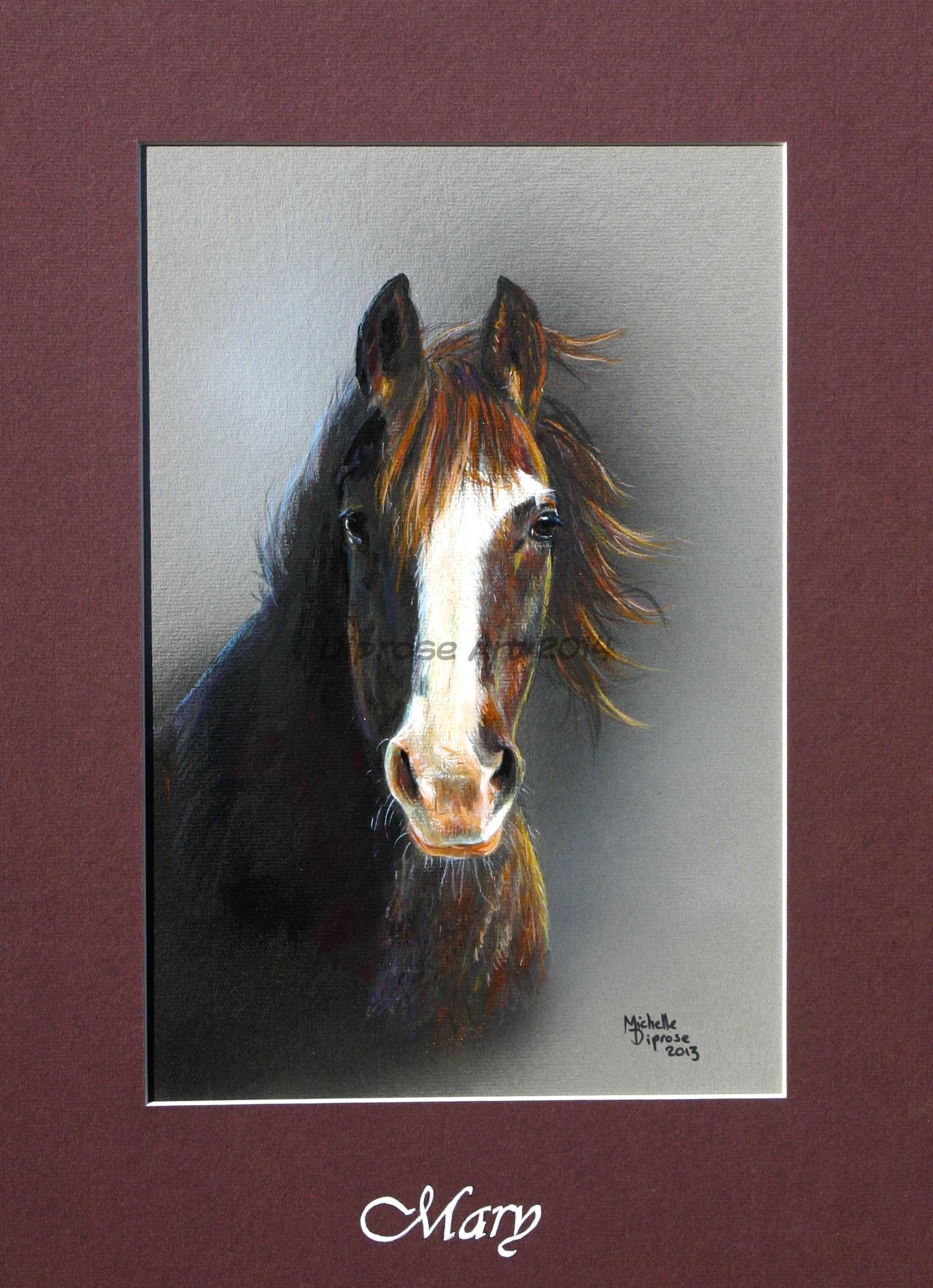 Acrylics on board - approx A4 -  horse portrait - Mary was a very dear old mare and belonged to a friend of mine.  She was black but had deep red copper highlights, and a soft gentle expression.