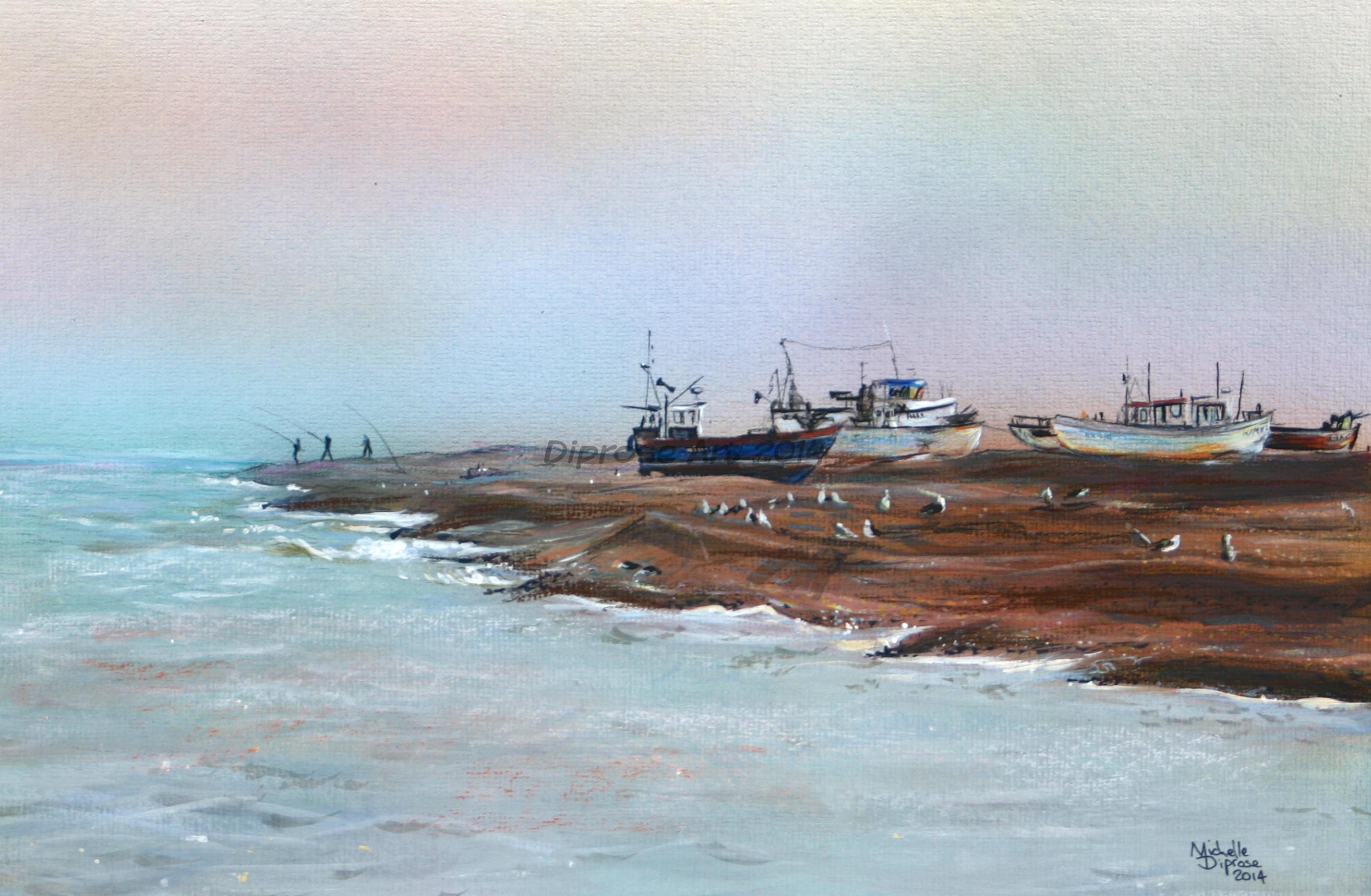 Acrylics on board - approx A3 - seascape/boats - Dungeness, Kent - early morning fishing - there is a strange quality to the light sometimes and the sea can look really moody even if it isn&#039;t particularly rough.  I love it and wanted to try and paint it.