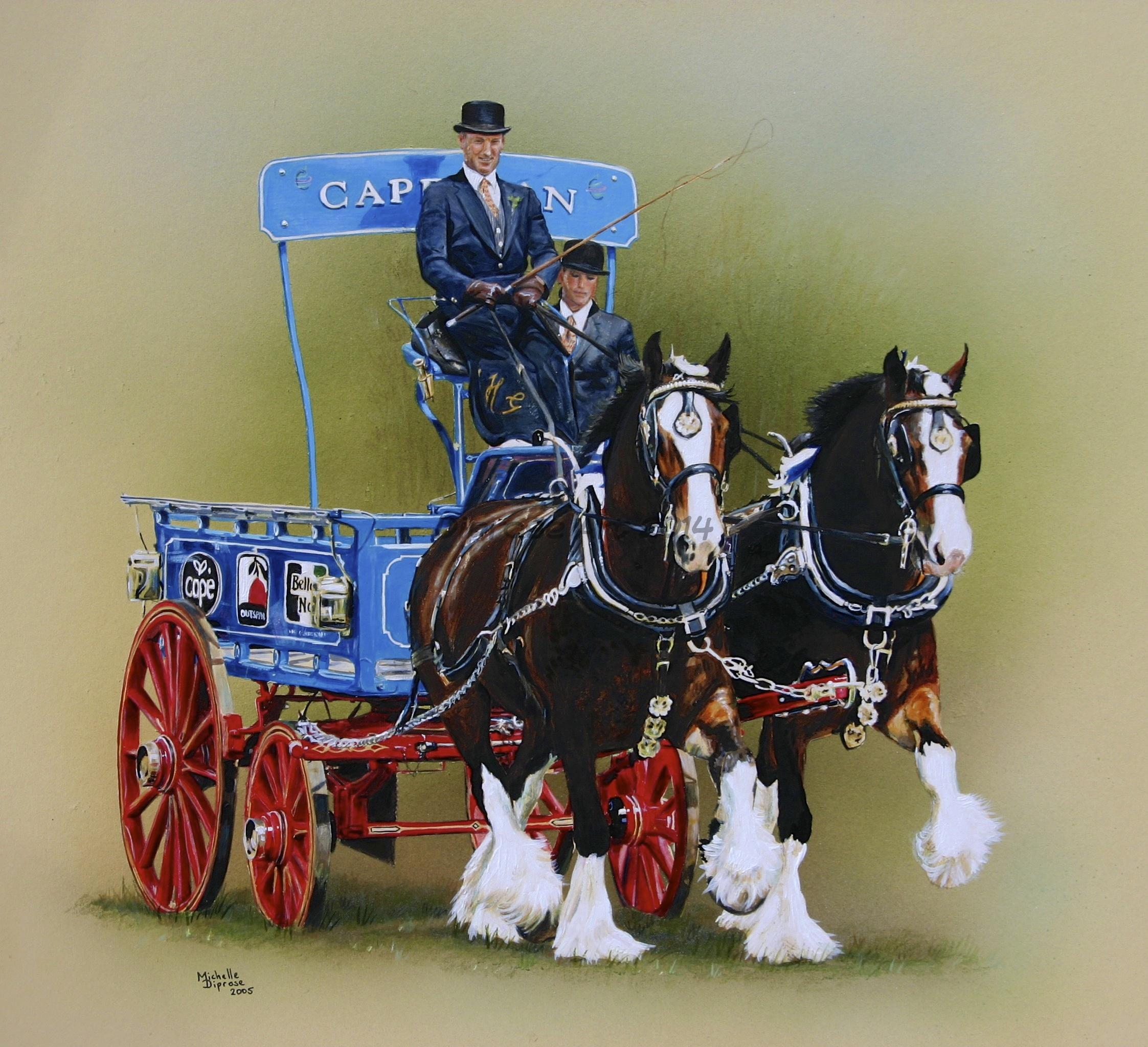 Acrylics on board - approx A3 - horse portraits - Jim and Sport are two fantastic Shire horses and this is them with their owner John.  This clever team have won many times and been on TV more than once - awesome.  (But difficult to paint!)