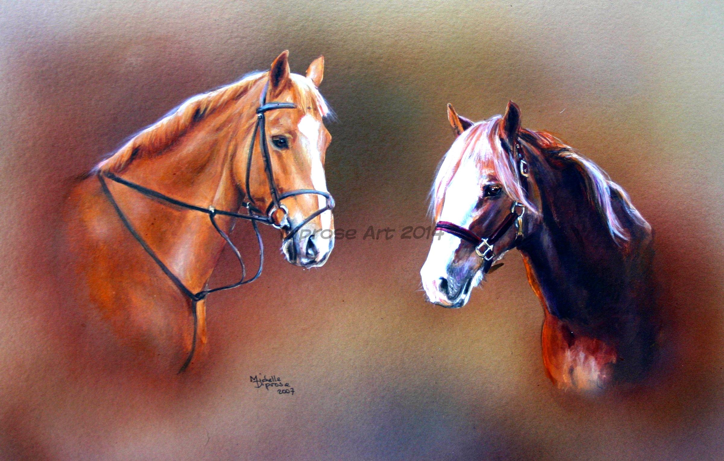 Acrylics on board - approx A3 - horse portraits - You would think that two chestnut horses with white blazes would look alike - but they don&#039;t.  Every horse has it&#039;s own expression and personality.
