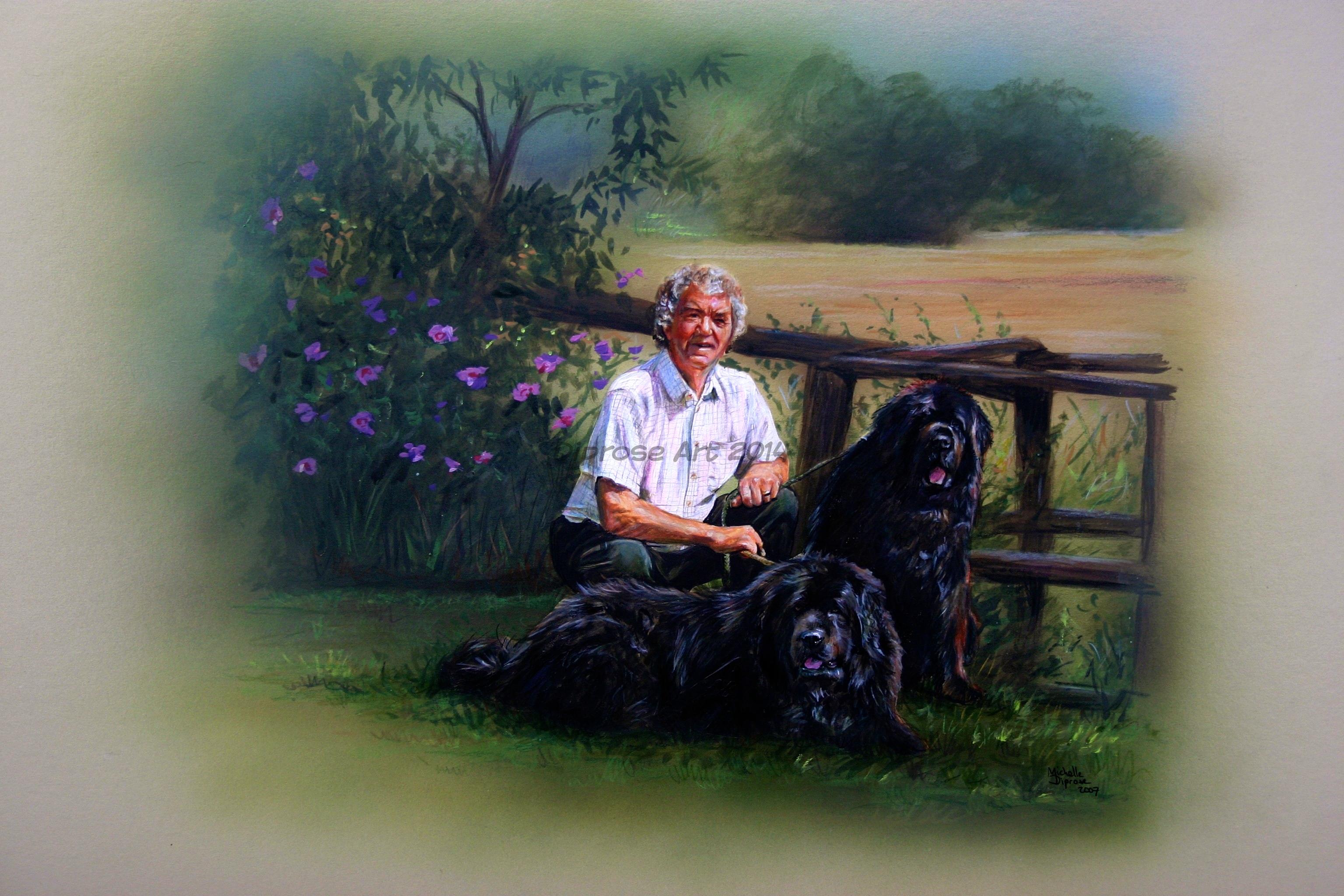 Acrylics on board - approx A3 - people portraits / pet dog portraits - This was an interesting commission - Mrs Harvey wanted a painting of her husband with their dogs which was rather a lovely idea.  He didn&#039;t have a say in it I don&#039;t think.