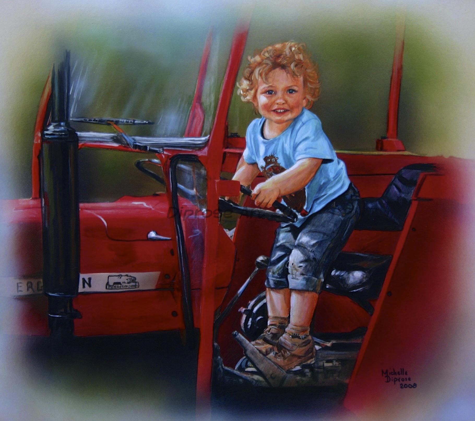 Acrylics on board - approx A3 - people portraits - Oliver is my friend Louise&#039;s little boy - and growing up on a farm has to love tractors! 