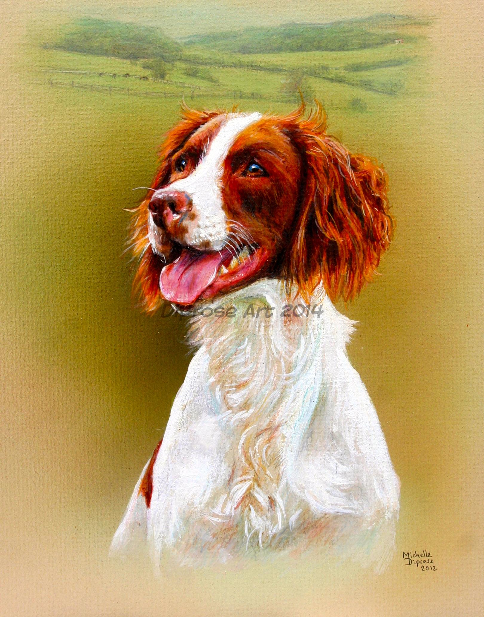 Acrylics on board - approx A4 - pet dog portrait - This little girl is a real live wire - she is a lovely active liver and white springer and her owner wanted her painted in the setting of the beautiful countryside which is her home.