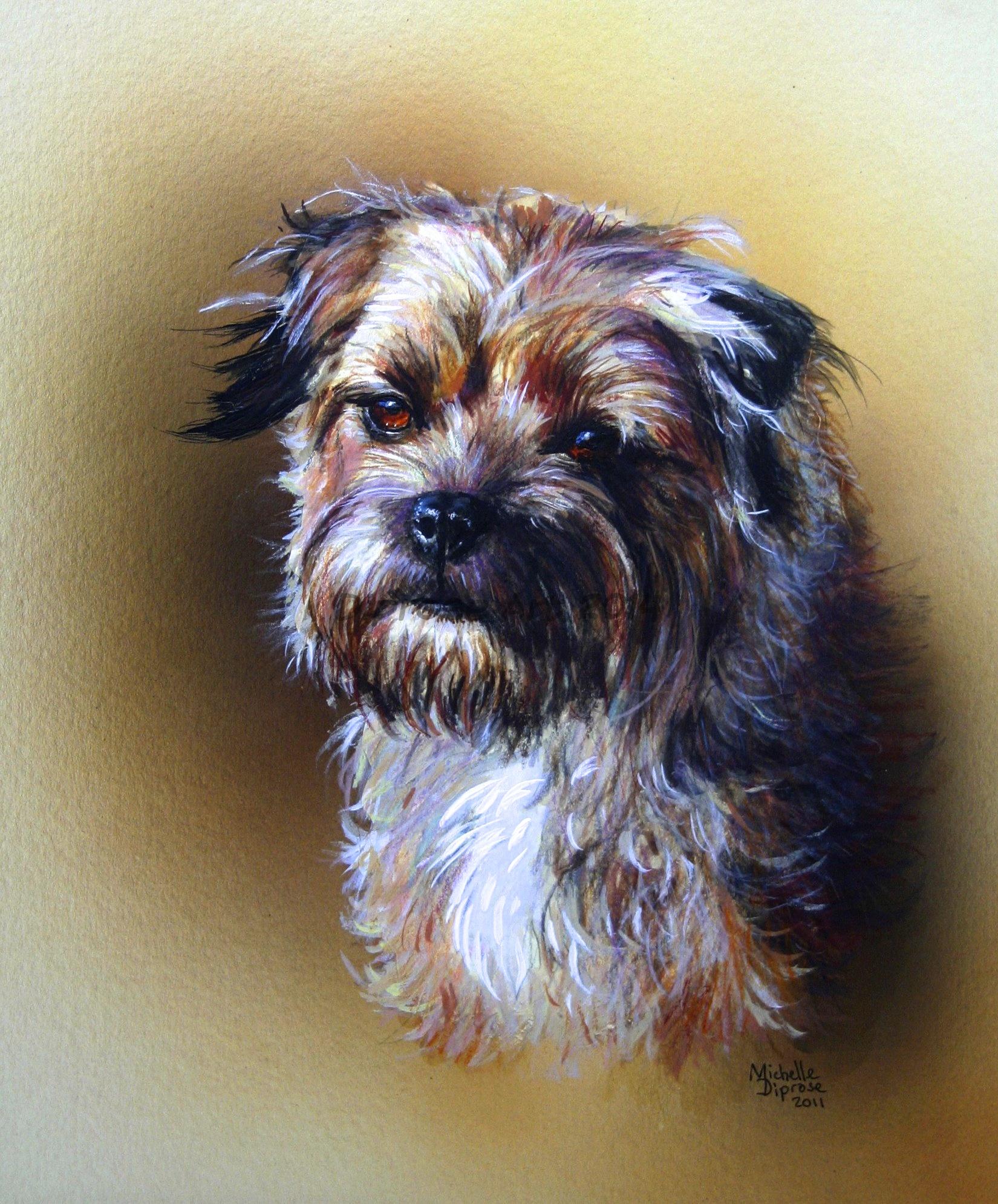 Acrylics on board - approx A4 - pet dog portrait - Pickles is a Border Terrier who belongs to a friend of mine - she lives on a farm and has the most wonderful scruffy thick all weather coat!
