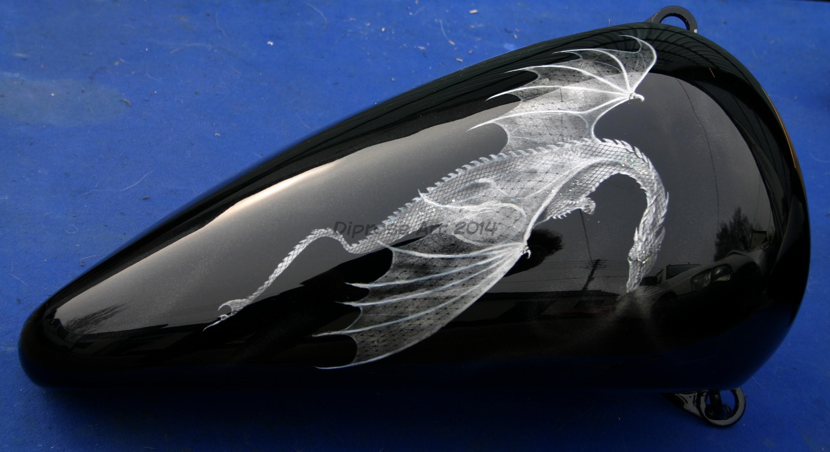 Automotive customisation - Silver Dragon Bike - Right Side - shown after lacquer which brings out metallics - single colour.