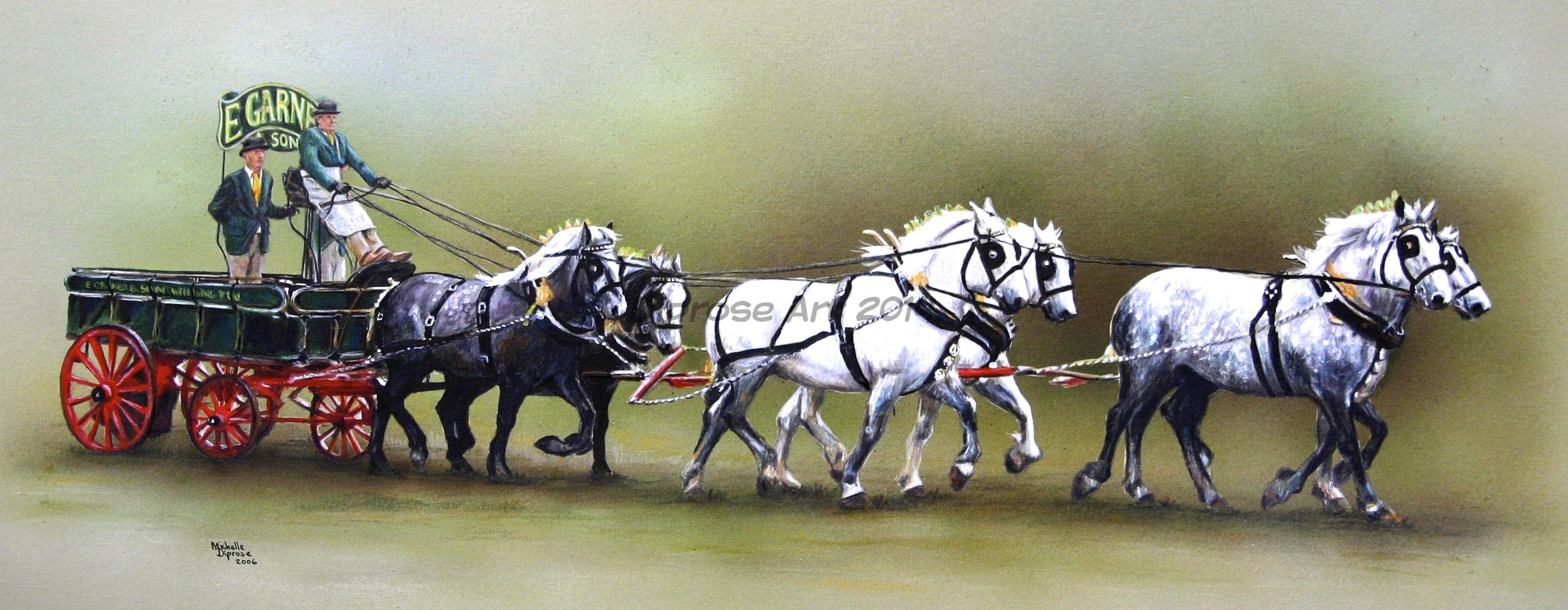 Acrylics on board - approx A2 long - horse portrait - Percherons are stunning grey French Draught horses - this team of six is rare - the lead pair were 19hh, the second 18hh and the third 17hh - a lot of horse - amazing sight.