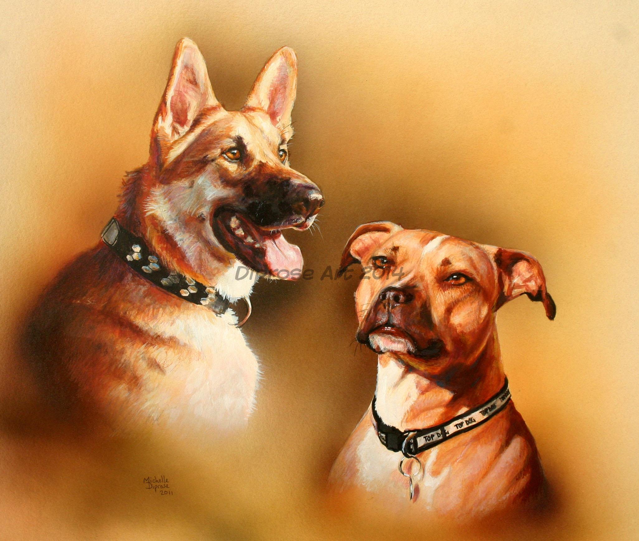 Acrylics on board - approx A3 - pet dog portrait - Zeus is a very handsome GSD and Mimi is a very loveable Staffie cross.