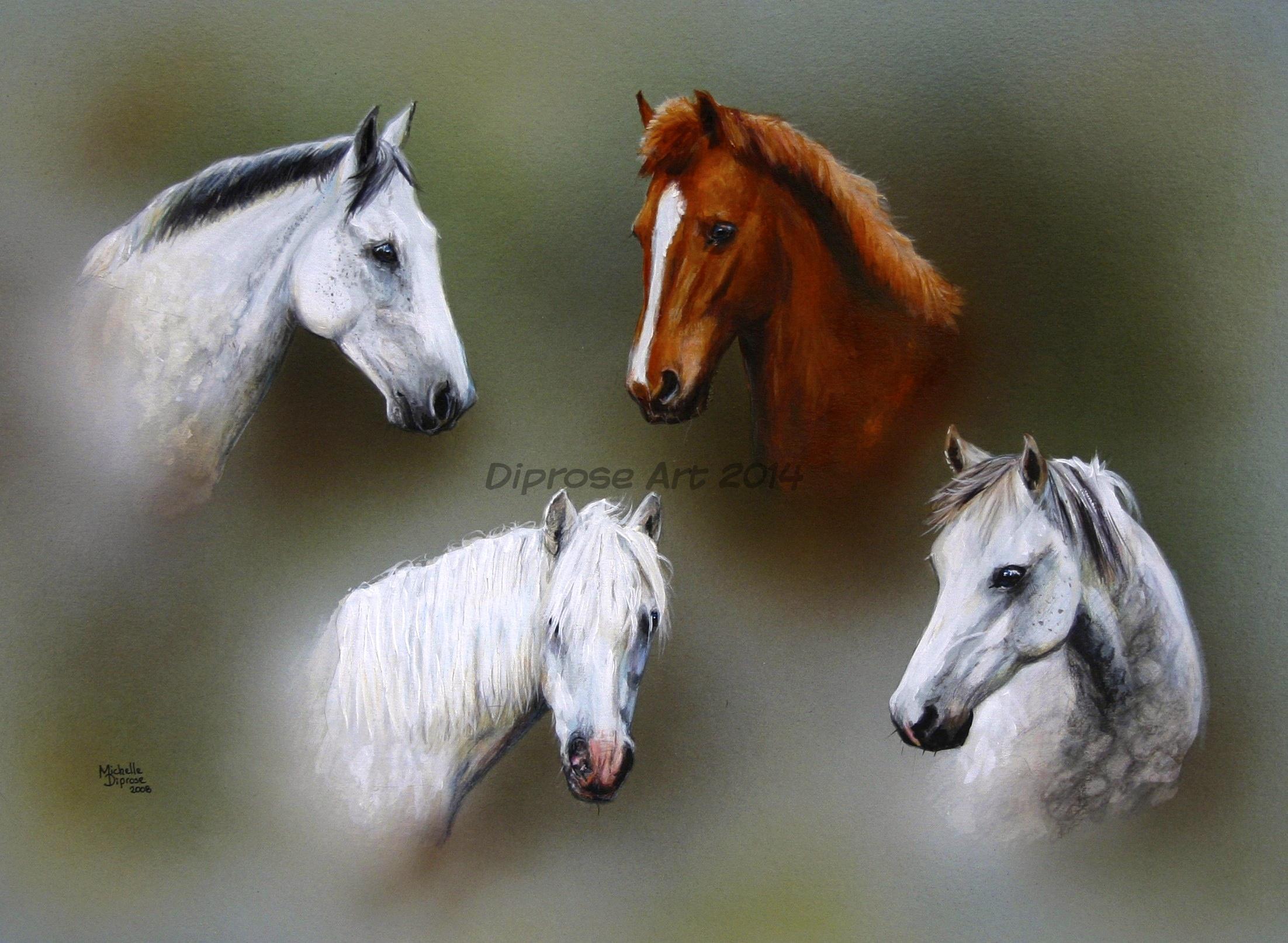 Acrylics on board - approx A2 - horse portraits - a horse is not just a horse - each has its own individual character which is why I find so interesting when doing group paintings.