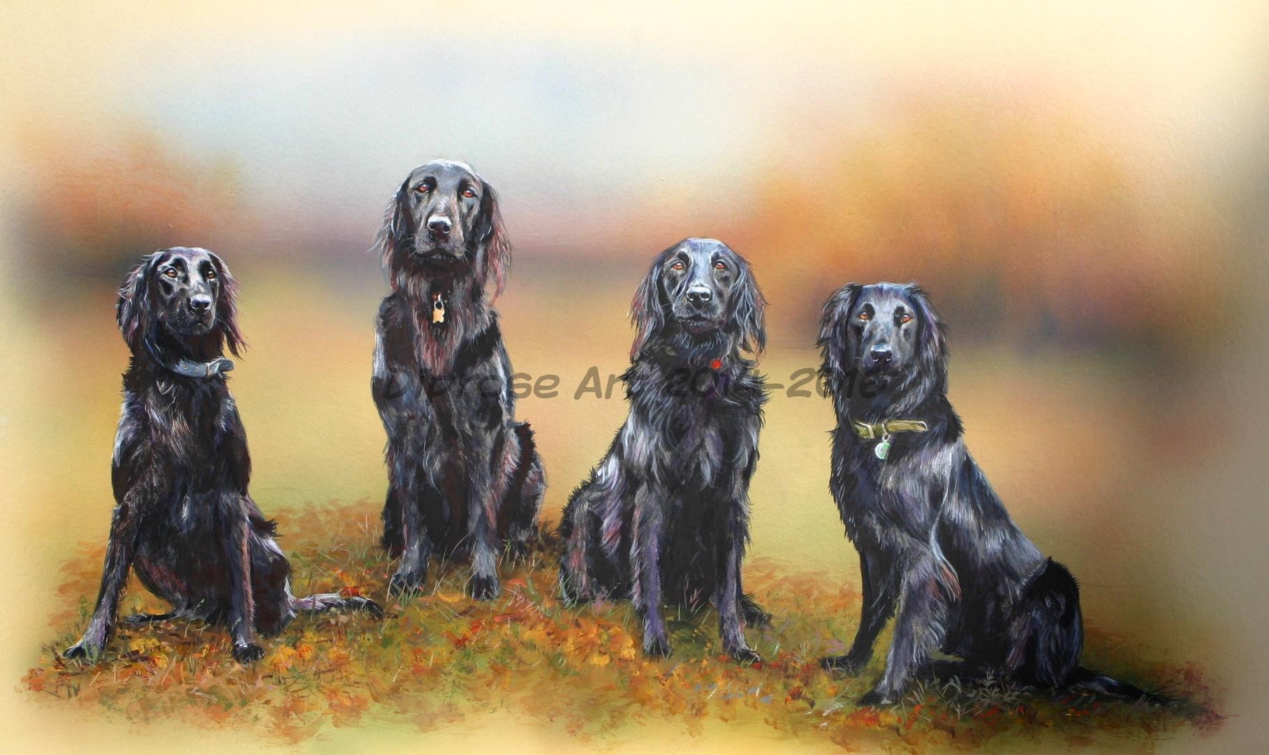 Acrylics on board - approx A1 - pet dog portraits - these Flatties are a family of dad, two brothers and sister.  I tried to depict them in Autumn colours to suggest they are out on the shoot.