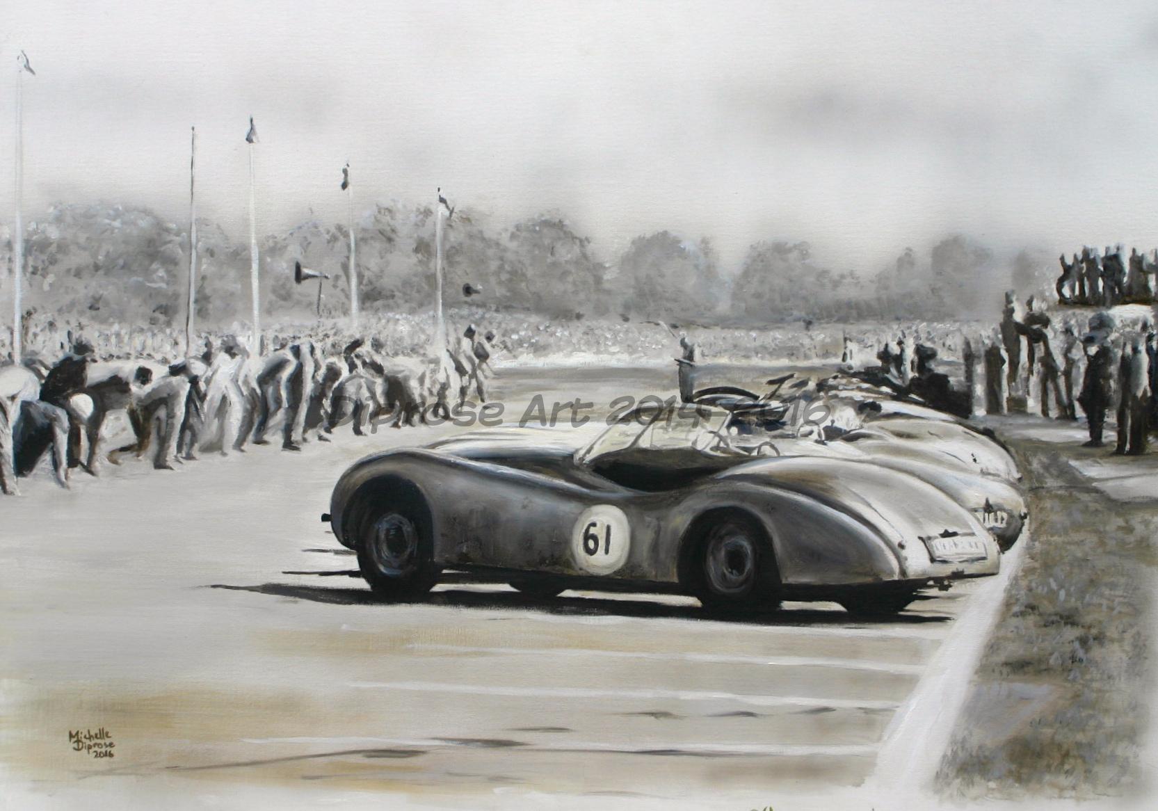 oils on canvas board - A1 -  car Jaguar XK120 Roadster number 16 - one of a pair of paintings - this was fascinating - at the start - I love the fact they had to run to their cars and think that they still should do so today for F1 which would be funny!