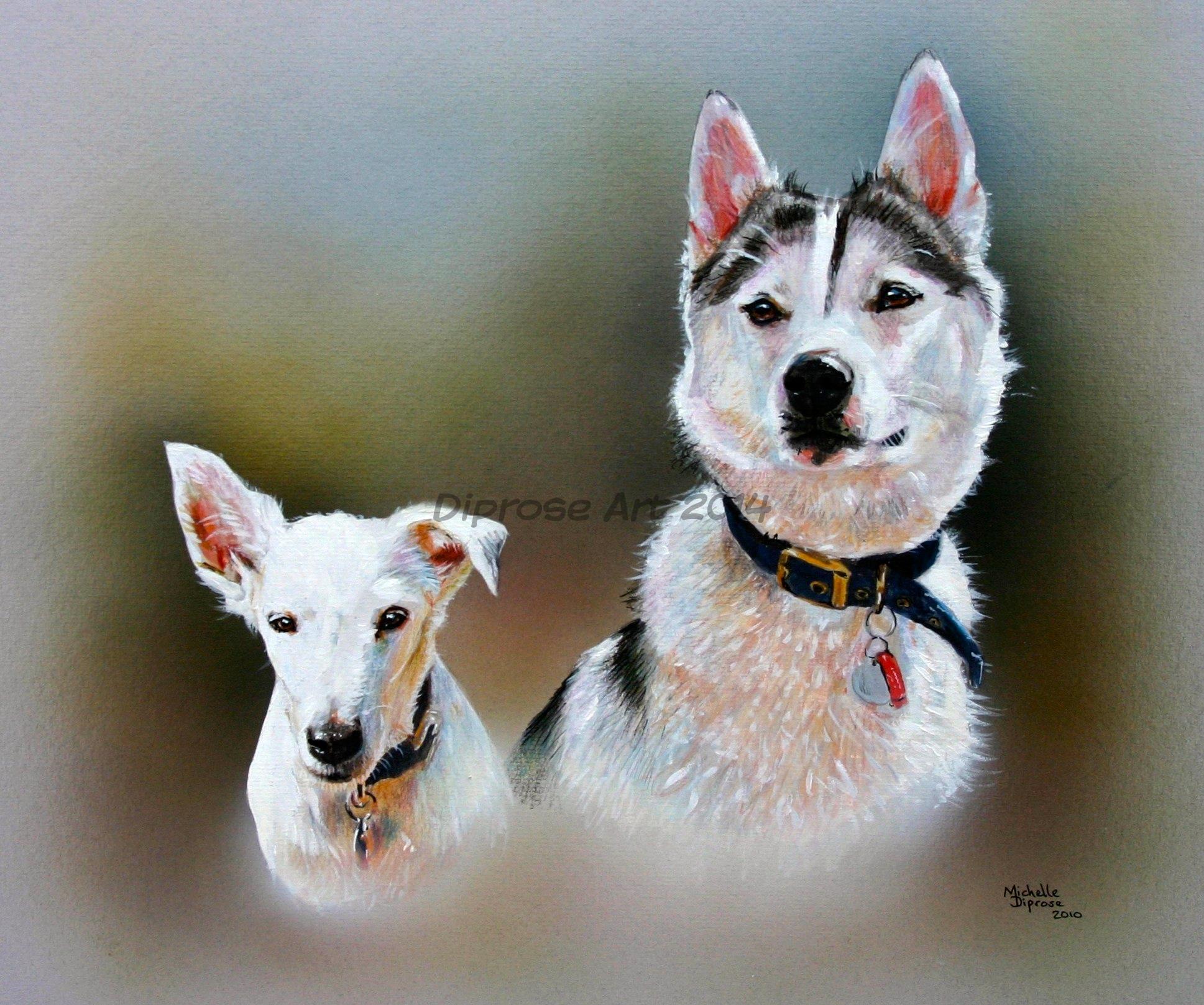 Acrylics on board - approx A3 - pet dog portrait - This pair of rascals were very different in size to each other.