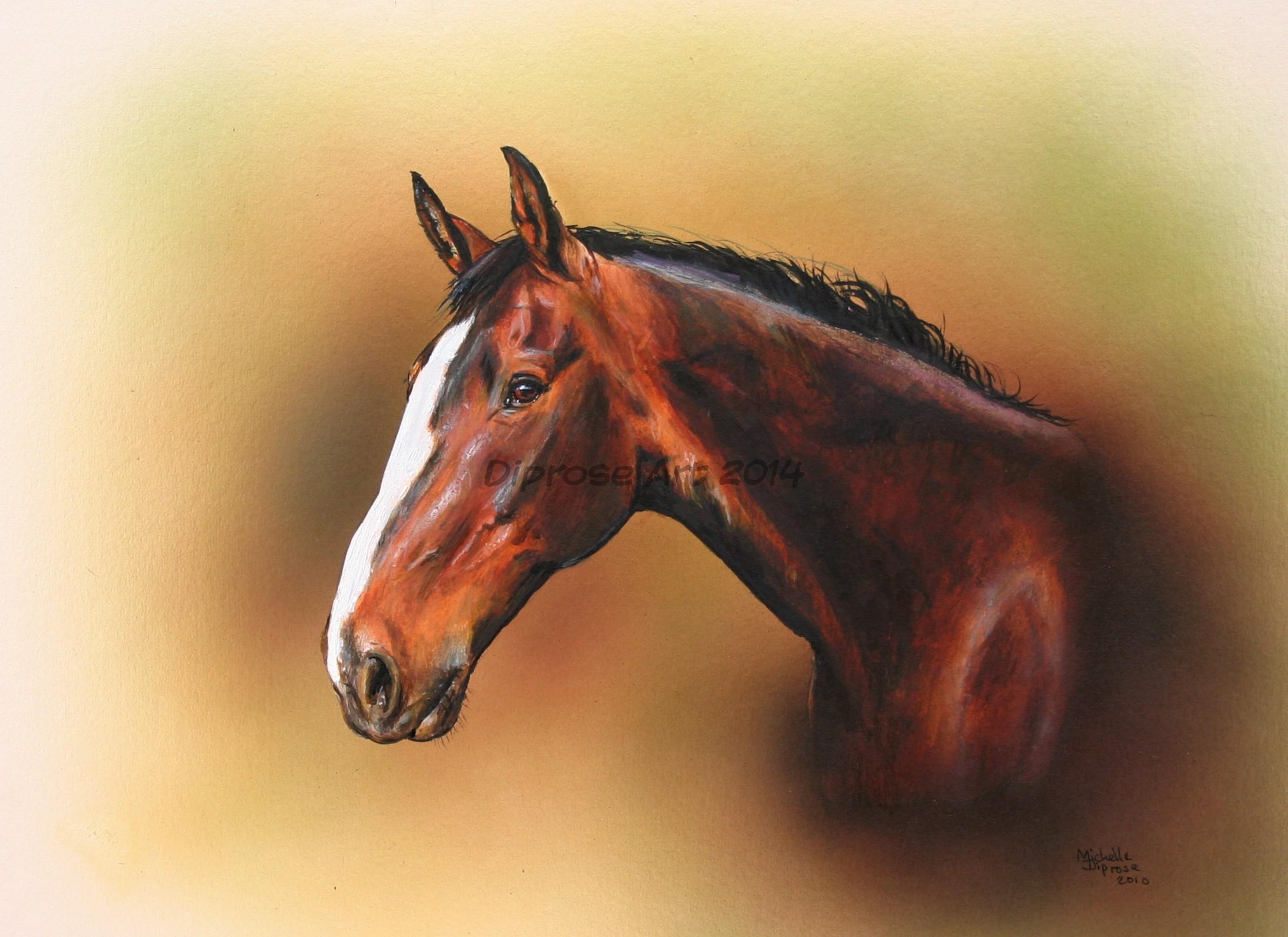 Acrylics on board - approx A4 - horse portrait - Hugo - or &quot;Huge&quot; as his mum nick-named him was a larger than life character and a really lovely bay gelding.  Loved him to bits.