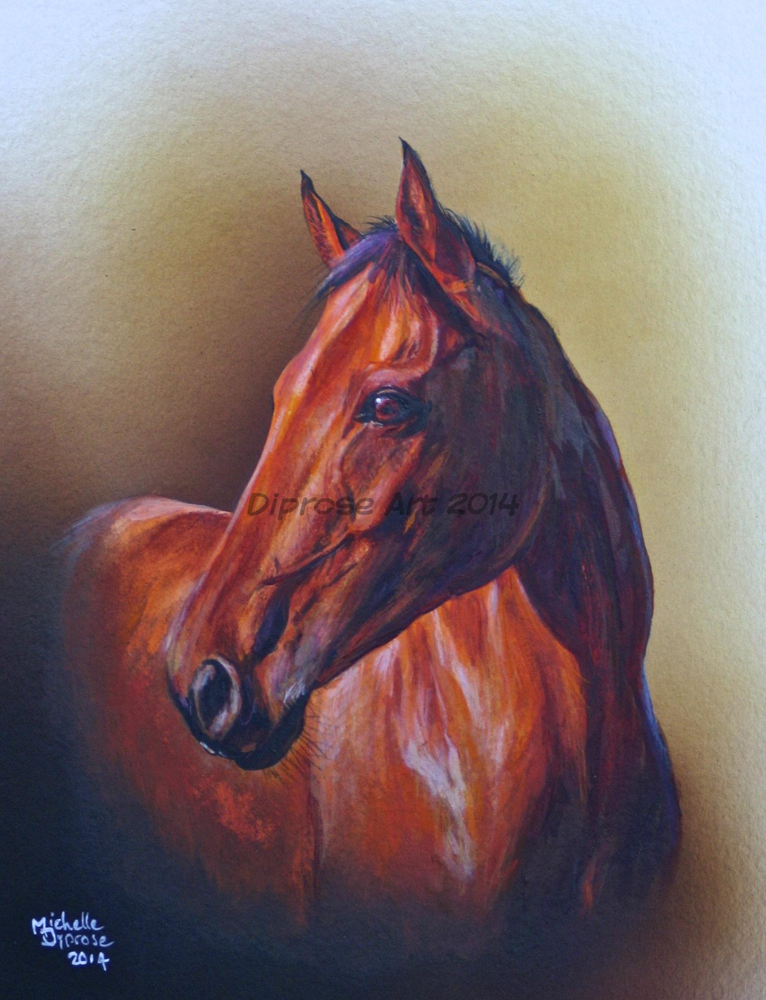 Acrylics on board - approx A4 -  horse portrait - I like painting Thoroghbreds - they have such rich shiny coats and expressive eyes.  