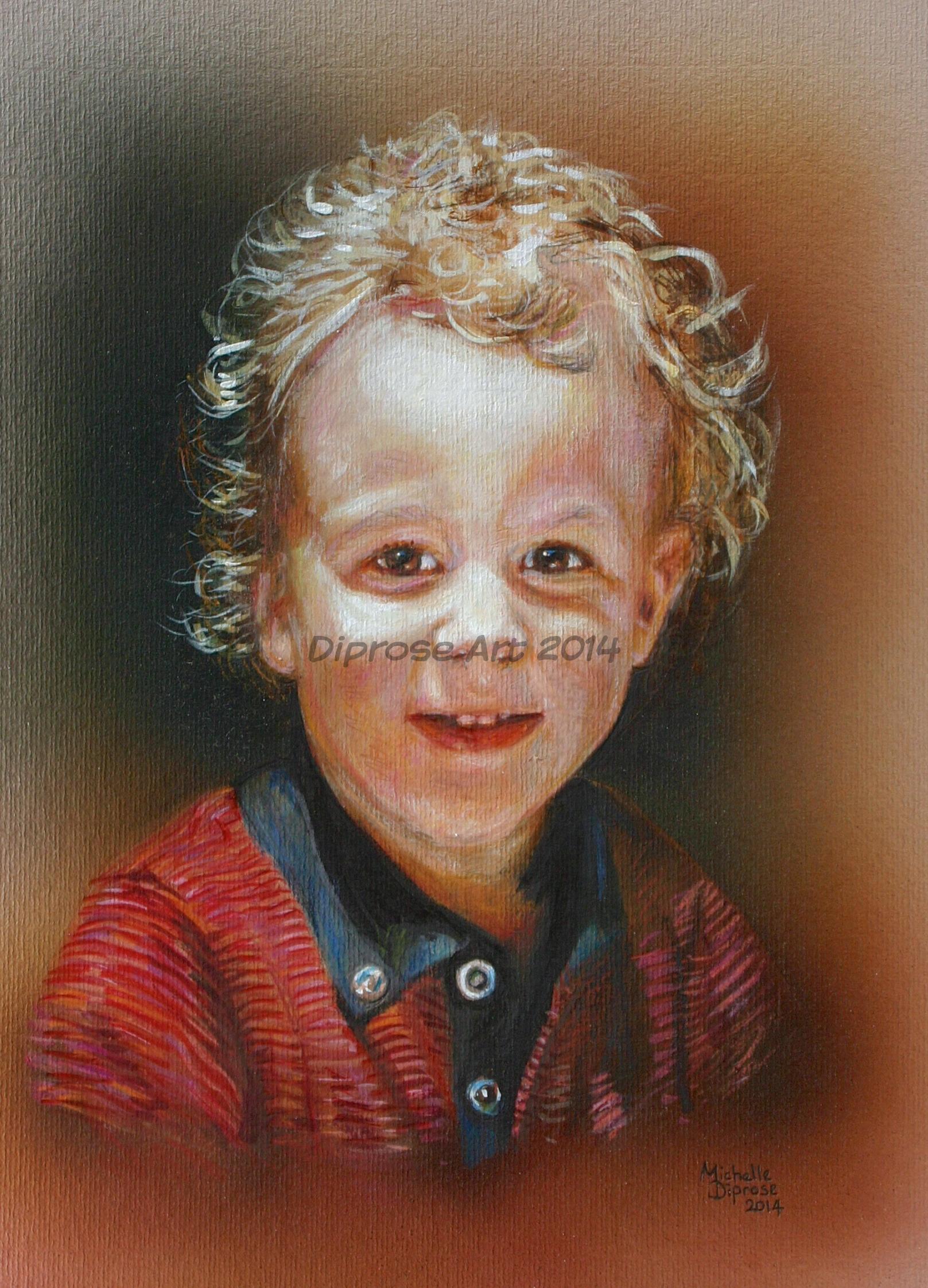 Acylics on board - approx A3 - people portraits - I did this as a wedding gift for my very good friends - this is their little son when he was about 4 years old.  I think I surprised them - they thought I only painted dogs!