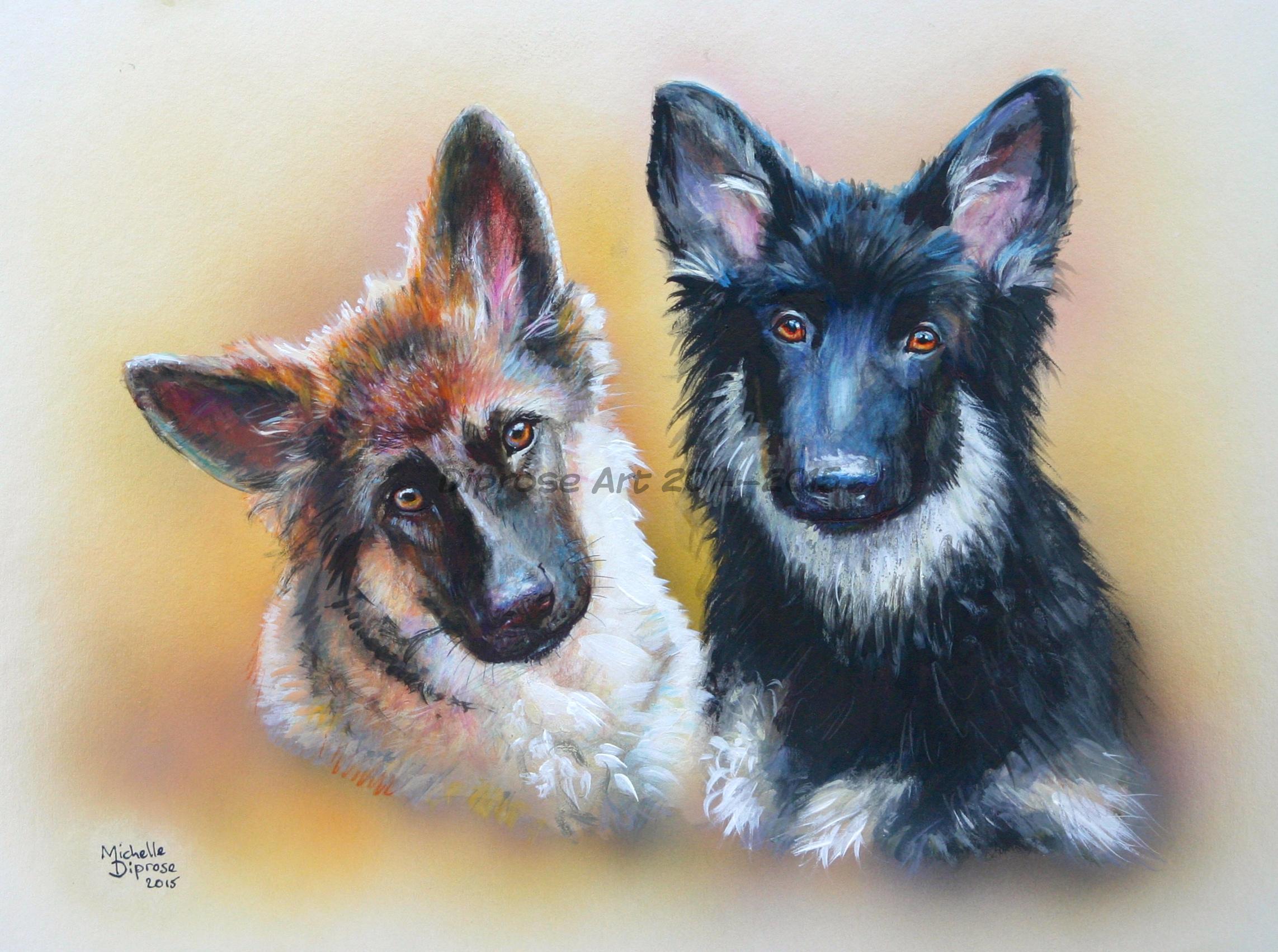 Acrylics on board - approx A3 - pet dog portrait - German Shepherd pups are super cute - lovely soft fluffy coats.  Sadly one of the boys died very young so I hope my painting dose him justice and is a nice keepsake - he won&#039;t be forgotten.