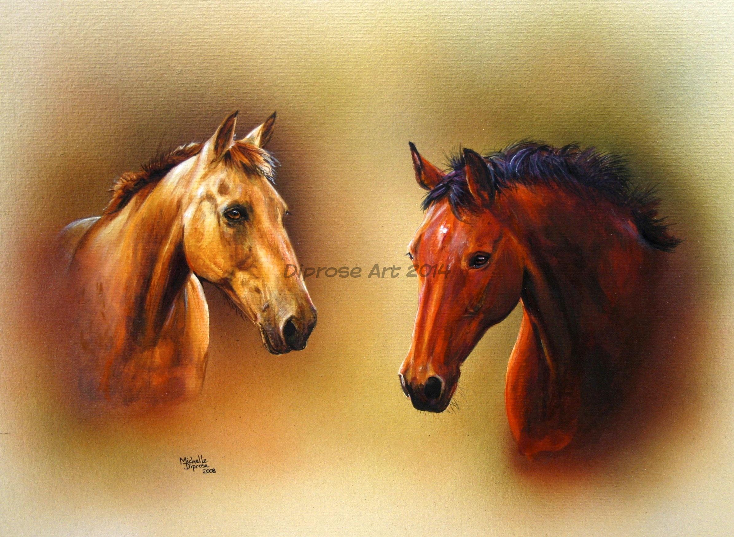 Acrylics on board - approx A3 - horse portraits - Both of my friend Louise&#039;s horses are great characters and dun is a wonderful colour - loved painting these two good lookers.